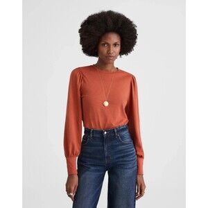 Madewell XS Smocked Long Sleeve Top in Soft Slub Faded Brick Cotton Pullover NWT